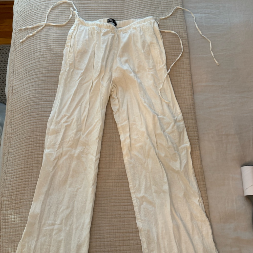Zara Linen Cream Drawstring Pants